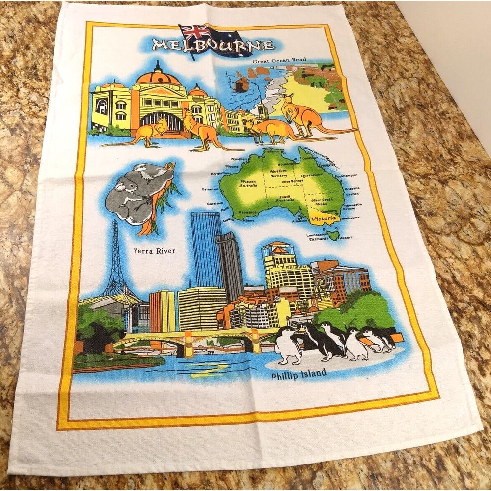 VTG MELBOURNE Australia Map Kitchen Tea Towel Souvenir‎ 100% Cotton 19"x28" NOS